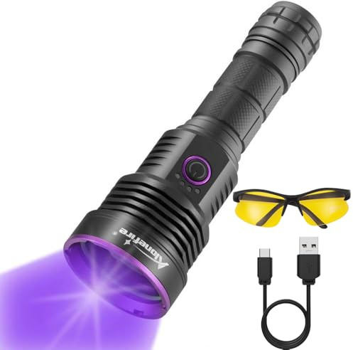 ALONEFIRE SV43 36W 365nm UV Flashlight USB C Rechargeable Ultraviolet Black Light Woods Lamp for Pet Urine Detector, Resin Curing, Scorpion, Fishing, Leak with UV Protective Glasses, Battery