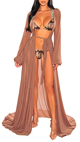 Viottiset dam sexig tunn nät bikini set slips framsida baddräkt strand maxi täcka upp solklänning Pareos 01 kaffe X-Large, 01 Kaffe