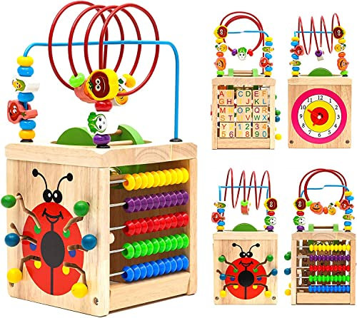 Nukdey Motorikwürfel 6 in 1,Holz-Aktivitätswürfel Montessori-Spiele für Kinder|Multifunktions-Holz-Insekten-Perlen-Labyrinth-Spielzeug|Vorschulerziehung Abakus Perlenring Spielzeug