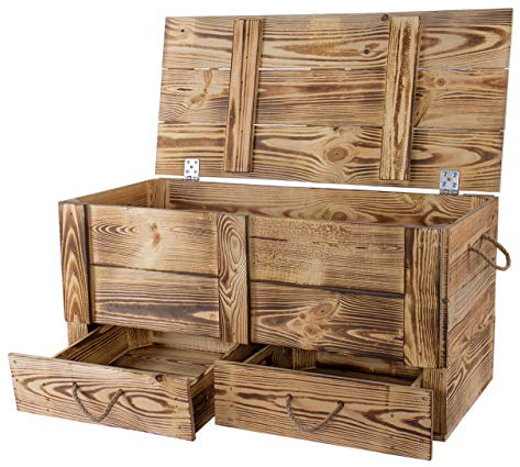 Traumhaft rustikale Holztruhe Schatztruhe Spielzeugkiste Truhe Bank Stauraum Sitztruhe Sitzbank Aufbewahrungstruhe mit großer Kapazität Flur, Schlafzimmer, Wohnzimmer (Geflammte Truhe mit Schubladen)
