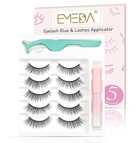 EMEDA Natürliche 3D Wimpern mit Kleber Und Pinzette 5 Paar Kurze Wimpern mit Kleber Natürlicher Look Falsche Wimpern Set Wispernde Streifenwimpern mit Applikator (natürlich 06)