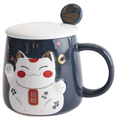 Lachineuse – Geprägte Tasse – Maneki-Neko-Katzen-Design – Blaue Tönung | Inklusive Löffel und Deckel – Design im japanischen Stil – Geschenkidee: Japan/Asien