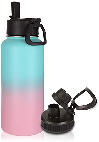 Volhoply 1l Bouteilles D'eau en Acier Inoxydable avec Paille,1 litre Bouteille Isotherme Café Double Paroi avec Deux Couvercles Sans BPA,Bottle Réutilisable en Métal Étanche pour Sport,Adulte