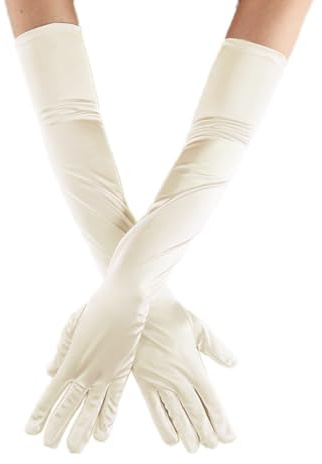 Duories Classic Damen Handschuhe Lange, Elastisch Elegant 1920er Stil Abendhandschuh Satin Handschuhe, Gothic Opera Fest Party Hochzeit Braut Handschuhe für Festlich Faschingskostüme Karneval,Creme