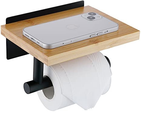 HomeHeng Toilettenpapierhalter mit Natürlichem Bambus Ablage Klopapierhalter Edelstahl Ohne Bohren Klorollenhalter Selbstklebend oder Wandmontage,Matt Schwarz H98903MB