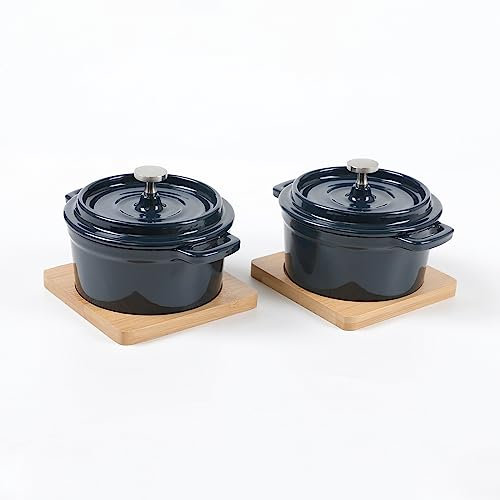 HAWOK Enameled Cast Iron Mini Cocotte Sauce pan with Lid 270ml/9.13oz/1.08cups Mini Dutch Oven Navy Blue