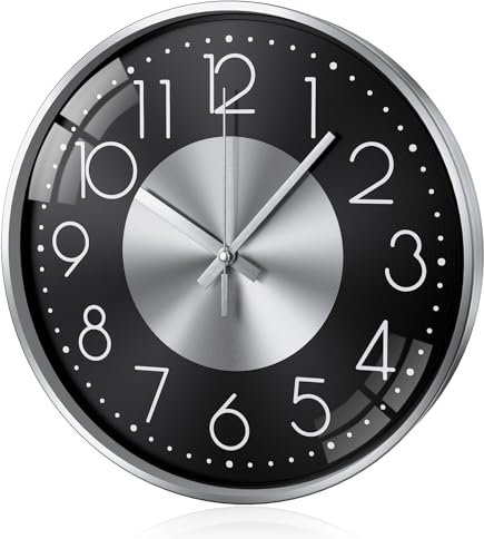 TOKTEKK Wall Clock 30.48cm Silent Non Ticking Clock Modern Wall Clocks Battery Operated for Living Room, Aluminium Round Decorative Clocks for Bedroom Kitchen Office Home Decor(Silver Black Number)