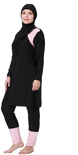 IWEMEK Burkini Damen Muslim Große Größen 3tlg Set Rash Guard Langarm Ganzkörper Schwimmanzug Schwimmkleid + Schwimmhose + Hijab Badeanzug Islamische Schwimmkleidung UV Schutz Schwarz + Rosa 3XL