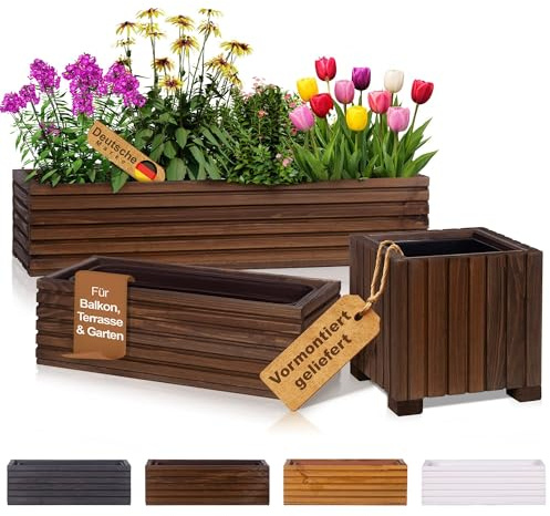 BooGardi Blumenkasten Holz mit Einsatz · Blumenkästen in 3 Größen & 4 Farben · 25x25x25cm Dunkelbraun · Pflanzkasten für Balkon & Terrasse · Pflanzkübel außen & innen · Blumentopf vormontiert