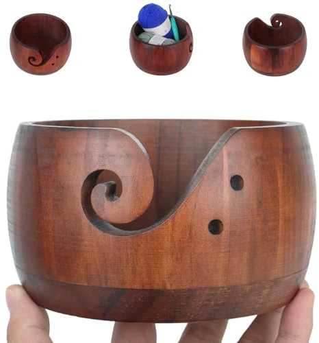 Aeeque Garnschale Große, Holz Wollschale mit Deckel, Strickschüssel Gran Schale mit Garnloch, Trikolore Holzschale für Stricken Häkeln, Häkelwerkzeugschale Wollhalter