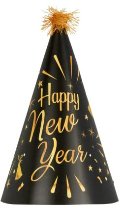 DECORAMI - celebrate happy times Silvester Partyhüte Happy New Year, 24 Stück, 2023, Silvesterhüte Schwarz Gold, Partyhütchen Silvesterparty