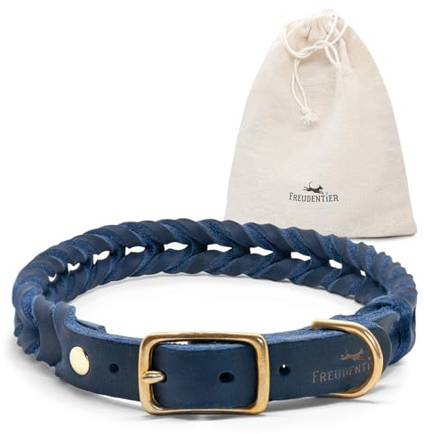 FREUDENTIER Hundehalsband Geflochten aus Fettleder - 27cm - 33cm, Royal | Handmade in Holland, 2cm Breite aus hochwertigem Echtleder, robuste Messing-Schnalle, ideal für kleine Hunde