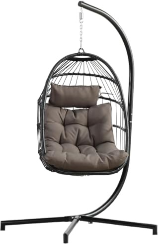 Topanbieter999 Hängesessel Rope schwarz mit taupefarbenem Polyester-Sitzkissen und schwarzem Gestell - Hängeschaukel Hängesitz Indoor Outdoor