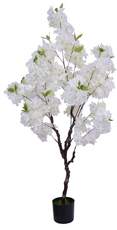 Artificial Cherry Blossom Tree - 120cm Realistic Potted Silk Faux Blossom for Indoor/Outdoor Wedding, Home, Office Decor (White, 4ft)