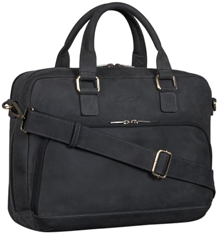 Benthill Aktentasche Leder Laptoptasche - Ledertasche für Herren und Damen Gross - Umhängetasche aus echtem Leder - Große Schultertasche für Laptop, Farbe:Black (H)