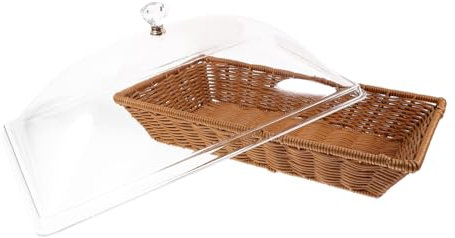 LALADEFIEE Cesta Tejida para Pan y Frutas Tapa Transparente Bandeja Rectangular de Imitación Ratán Cesta Almacenaje Reutilizable para Huevos Snacks Fiestas y Cocina