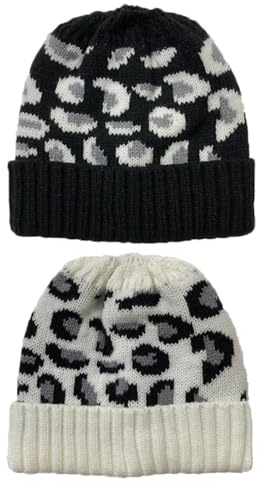 TMTGTS High Bun Pferdeschwanz Mütze 2 Stück Einheitsgröße Ponytail Beanie for Women Winter Warm Woll Zöpfen Loch Loop Leopard Muster Pferdeschwanz Beanie Schwanz Soft Stretch Zopfmuster Cap(1#+2#)