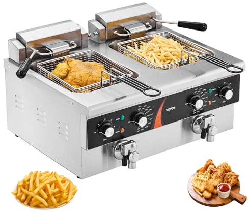 VEVOR Friteuse Électrique Commerciale, Friteuse à Huile de Comptoir 3000 W, 2 Cuves en Inox de 8,5 L, avec 2 Paniers à Frire, Température et Temps Réglable, pour Poulet Frit Snack-Bar Restaurant