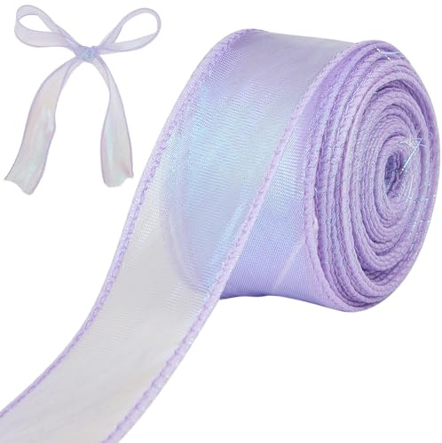 CRASPIRE 1-3/5 Cinta de Organza Iridiscente Transparente de Tul Holográfico Cinta de Regalo Hecha A Mano de Gasa Violeta Claro para Envolver Regalos Ramos de Flores para Bodas Coronas Navideñas