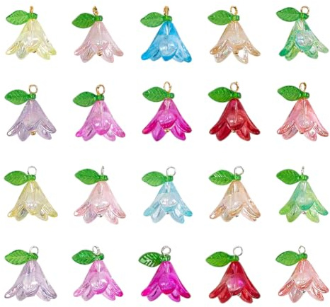 HOBBIESAY 20 Farbe 100 Stück Acryl Blumenanhänger 17mm Lilien Blumenanhänger Mit Perlen Blatt Blumenanhänger Für DIY Armbänder Ohrringe Halsketten Schmuckherstellung