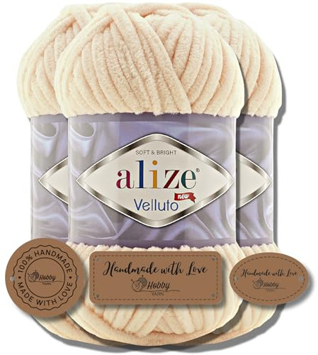 Hobby YARN 3x Etikettenlabel mit Alize Velluto Wolle Premium 3x100g als Set, Chenille Dicke Wolle zum Häkeln Uni Farbe Bulky Amigurumi Baby Kuschelwolle Filzwolle (Honey - 310)