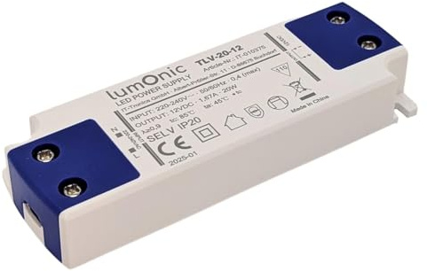 Lumonic I LED Trafo TLV-20-12 I 12V 20W I Input 220-240VAC I flimmerfrei & ultradünn I Überlastschutz I LED-Netzteil I für LED-Beleuchtung & LED-Streifen