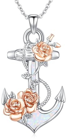 OHAYOO Anker Halskette für Damen Silber Opal Glaube Liebe Hoffnung Anhänger Halskette Anker kette Mit Rosen Schmuck für Damen Mutter
