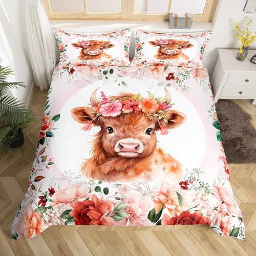 Homemissing Belle Vache Highland Housse de Couette 220x240cm Enfants Dessin animé Animaux Ensemble de Literie garçon Fille Adolescent Floral imprimé Parure de Lit Ferme Zoo Jardin