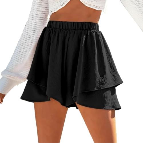 Auriselle Pantaloncini da Donna Estate, Pantaloncini Corti Vita Elasticizzata con Elastico Orlo Arricciato Salopette Estivi, Spiaggia alla Moda Ragazze Leggeri Comodi Casual Eleganti, Nero, S