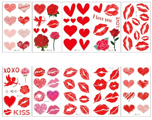 Kiss Temporary Tattoo Stickers, Waterproof Long Lasting, 10 Sheets | Cute KissRed Lip Love Heart Flowers Decorative Body Art for Face Arms Neck Arms Shoulder Party Halloween Cosplay Supplies