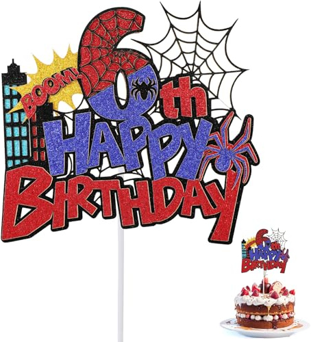 Spider Geburtstag Tortenaufsatz, Langlebiger Glitzer Rot-Blaue Spinnen Cartoon Geburtstagskuchen Dekoration Geeignet für Jungen und Mädchen (Nummer 6)