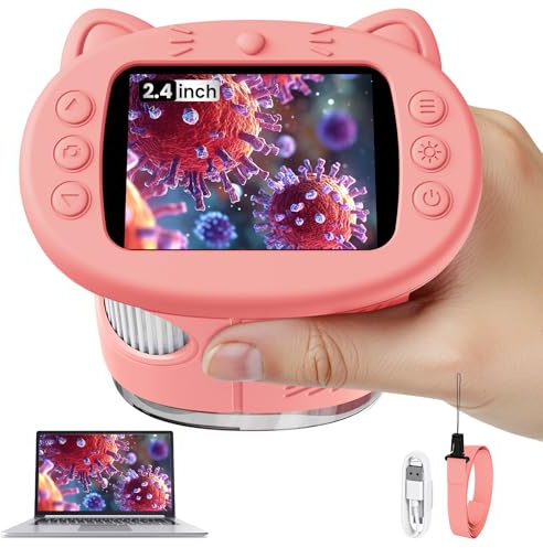 Vorth Microscope for Kids, 2.4 Inch Digital Microscope with 1000X Magnification, Handheld Camera Mini Pocket Magnifying Glass, Educational Christmas Birthday Gifts Toys for Ages 3+, Pink