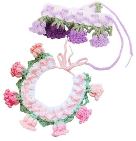 YARNOW 2pcs Pet Scarf Knitted Collar Floral Design for Cats and Dogs Adjustable Neckwear for Birthday Photography Props Soft Fabric Pet Scarf