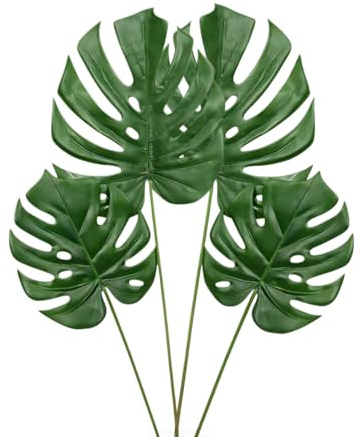 XZJMY Confezione da 4 foglie artificiali di monstera a stelo lungo, vaso di palma tropicale | Seta resistente, steli pieghevoli. Perfetto per vasi alti, matrimoni, feste e decorazioni per la casa.