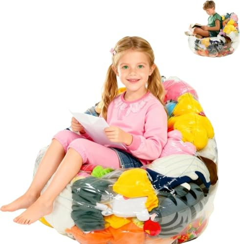 MOTTK Fodera per poltrona sacco trasparente con animali di peluche (senza imbottitura), organizer extra large per giocattoli in peluche con cerniera, copertura impermeabile per sedia per bambini