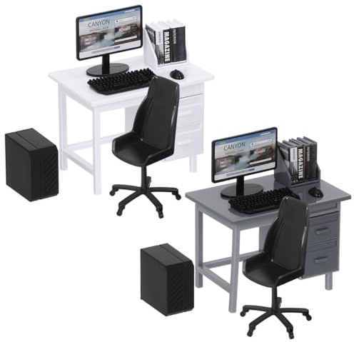 VICASKY Lot de 2 meubles miniatures pour maison de poupée 1:12, mini bureau d'ordinateur et chaise, petit bureau de bureau, chaise avec ordinateur, clavier, souris, imprimante, parfait pour les jeux