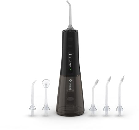 TrueLife AquaFloss Compact L100 Munddusche kabellos, tragbar, 300ml Tank, 3 Modi, 2 Druckstufen, IPX7, USB, 6 Düsen im Paket Zahnzwischenraum-Reinigung, Zahnspange/Implantate (Schwarz)