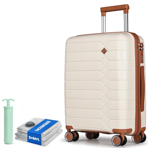 Tavoxda Carry-On Luggage Lightweight PP Hard Shell Cabin Suitcase with Durable 4 Spinner Wheels 20 Inch Travel Trolley Case Approved for Ryanair, EasyJet-Beige