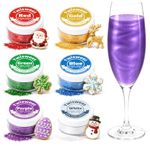 Twisweet Essbarer Glitzer für Getränke, 6-Farben Cocktail-Schimmerpulver | Lebensmittelglitzer in Rot, Gold, Grün, Blau, Lila und Weiß für Cocktails, Mocktails, Sekt, Kuchen, Cupcakes und Tortendeko