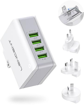 Cargador USB Multipuerto, LENCENT Ladron Enchufes, 4.4A 5V Adaptador para Viaje, Adaptadores de Enchufe Universal inglés/eeuu/EU/AUS para iPad, iPhone, Samsung Teléfonos Inteligentes