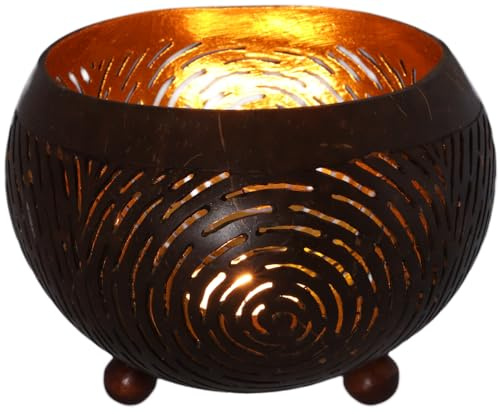 Exotisches Kokosnuss Teelicht, handgefertigt, Modell 3, groß (10 * 15 cm) | Natürlicher Teelichthalter aus Kokosnuss, goldfarbene Folie, einzigartiges Lichtspiel, gemütliche Atmosphäre.