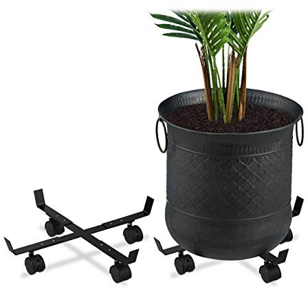 Relaxdays Support Roulant Plantes, Jeu de 2, Rond, intérieur et extérieur, Freins, Plateau Roulant Pots de Fleurs, métal