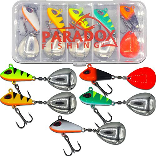 Paradox Fishing Jig Spinner 5er Set 15g Spin Jig zum Barsch Angeln Barsch Köder Hecht Köder Bleikopfspinner Spinnerbait Spinnköder Tailspinner – optimaler Barschköder (15g)