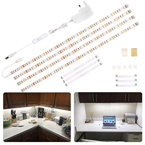WOBANE Under Cabinet Lights, 4x50cm Flexible LED Strip, Cool White, 1200lm | Plug-In & Self-Adhesive, Inline Switch, 120 LEDs, 12V Adapter, Multiple Connectors,For Kitchen Cupboard, Desk, TV Backlight