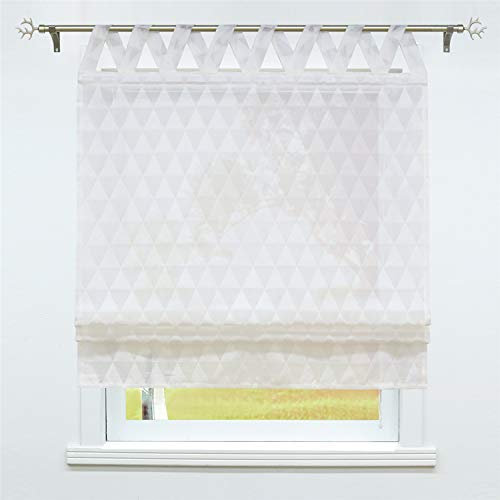 SCHOAL Raffrollo mit Schlaufen Halbtransparente Raffgardine Landhaus Schlaufenrollo Gardinen Leinen Dreiecke Muster 1 Stück BxH 120x140cm Weiß