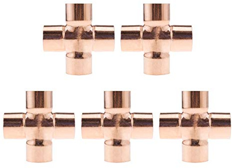 Kupferrohrschweiß Kreuz Fittings aus Kupfer Rohrverbinder 5-teilige 4-Wege 22mm Kreuzverschraubung für Rohrleitungen Klimaanlagen Kühlung Zentralheizung Gasleitungen