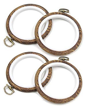 Semetall 4 Stück 9,9 cm Holz-Imitat Stickring Gummi Kreuzstich Reifen Vintage Stickrahmen für Stoffstickerei und Aufhängen (rund)