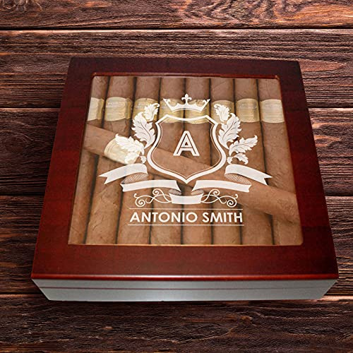 Personalized With Name & Initial, 20 Count Cherry Glass Top Cigar Humidor Monogrammed With Humidifier & Storage - Customized Cigar Kit, & customized cigar case, Engraved Box (Personalized Gift)