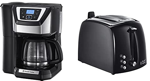 Russell Hobbs Kaffeemaschine mit Mahlwerk Victory (1,5l Glaskanne, 12 Tassen) & Toaster Textures+, 2 extra breite Toastschlitze, Brötchenaufsatz & integrierte Toast-Zange, schwarz