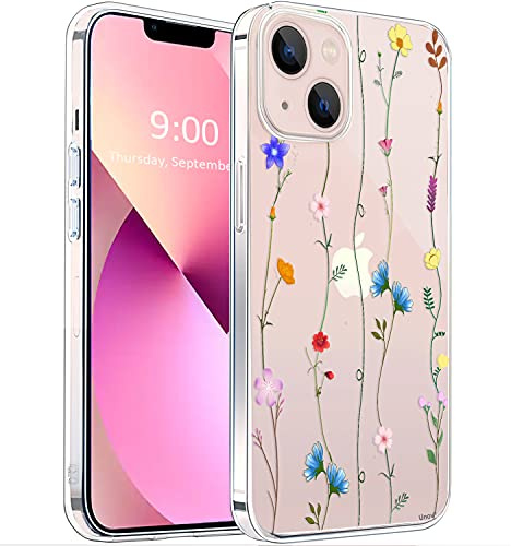 Unov Hülle für iPhone 13 Mini, Hülle Klar mit Motiv, Blumenkunst | Transparente Schlank Guter Halt, Rutschfest Prägung Muster, Stoßfest Schützende, Erhöhter Kameraschutz, Kratzfest Weich TPU